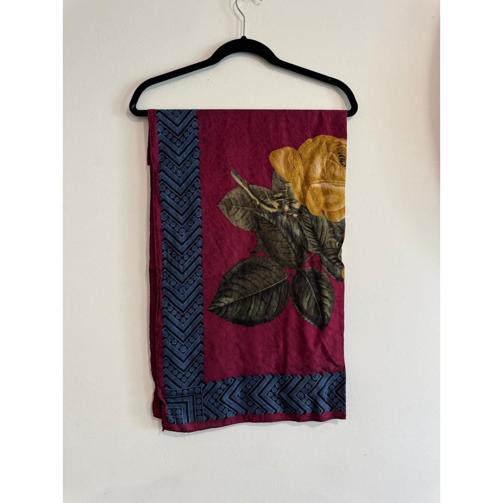 Floral Rose Print Scarf Womens OS Burgundy Navy Blue Geometric Border